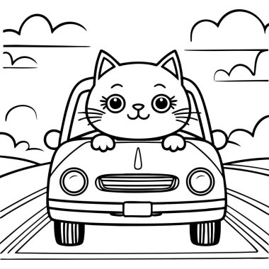 Yol ve bulutlu arka plan renklendirmesi olan bir araba süren sevimli kedi.