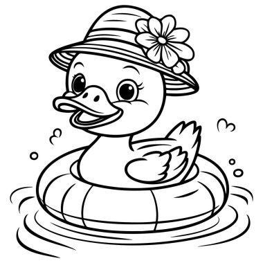 Çiçek şapkalı şirin ördek bilardo ringinde oturuyor.