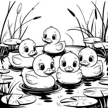 Bir grup şirin ördek yavrusu gölette birlikte yüzüyor.