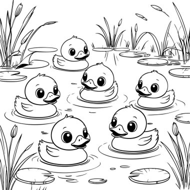 Çocuklar için havuzda yüzen bir grup ördek yavrusu.