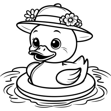 Çiçek şapkalı şirin ördek suyun üzerinde oturuyor.