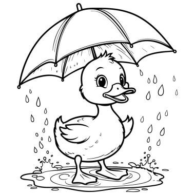 Şirin ördek yağmurda şemsiyeyle duruyor