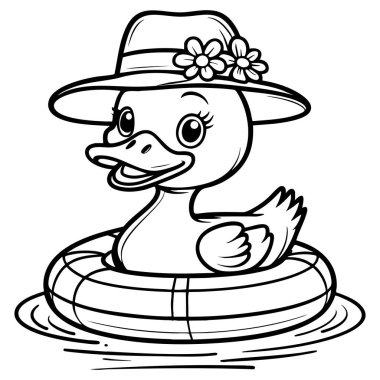 Şirin ördek şapkalı, çiçekli, suda yüzen eğlenceli çocuklar, çocuklar için boyama sayfası.