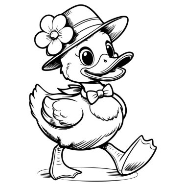 Çiçekli şapka ve papyon takan şirin ördek çocukların eğlencesine yürüyor.