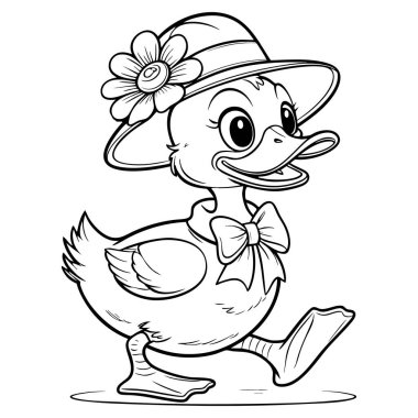 Büyük çiçek şapkalı ve papyonlu gülümseyen ördek aktivite sayfalarını boyamak için mükemmel.
