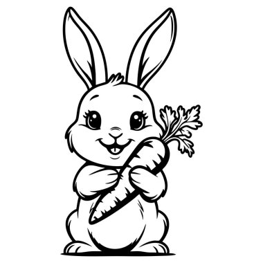 Çizgi film stili havuç tutan küçük mutlu tavşan çocuk boyama eğlencesi için mükemmel.