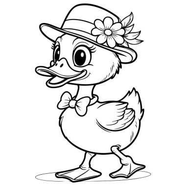 Papyonlu ve çiçek şapkalı ördek basit boyama sayfası tarzında şirin duruyor.