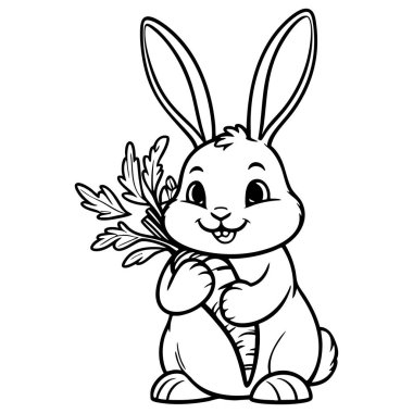 Sevimli tavşan boyama sayfası için harika bir havuç tutuyor. Çocuk aktivitesi ya da dekorasyon için.