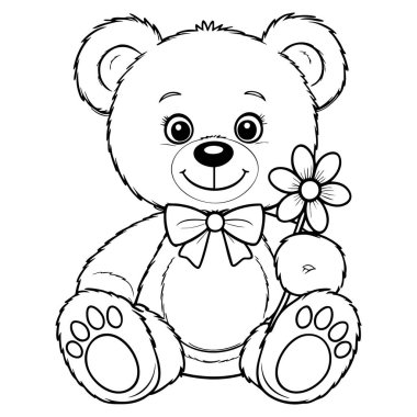 Papyonlu şirin bir oyuncak ayı. Çiçek tutuyor. Sayfaları boyamak ve sanat aktiviteleri için mükemmel.