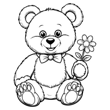 Papyonlu tatlı oyuncak ayı. Çiçek tutuyor. Sayfa dekorasyonu için mükemmel.