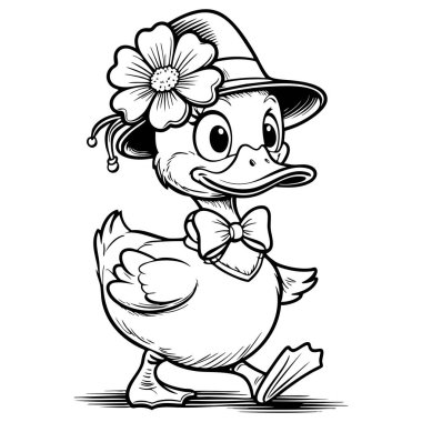 Şapka çiçekli komik ördek ve papyon çocuklar için mükemmel yürüyor sayfa sanatı ve aktiviteleri boyamak için