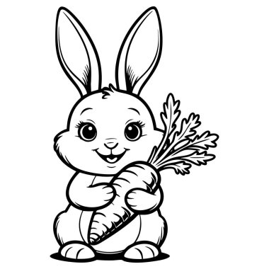 Çocuklar için havuç tutan gülümseyen tavşan. Sayfa aktivitesi ve çocuk sanat projesi.