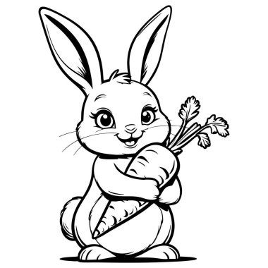 Sevimli tavşan havuç tutuyor, tatlı bir gülümsemesi var. Çocuklar için mükemmel aktivite sayfaları.