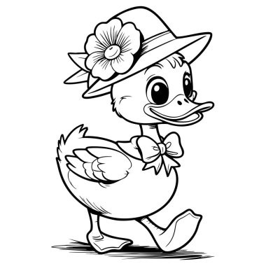 Çiçekli şapka takan sevimli ördek ve papyon Çocuklar için mükemmel boyama eğlencesi