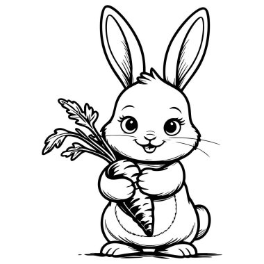 Havuç tutan sevimli tavşan boyamaya hazır ve çocuklar yaratıcılığa hazır.