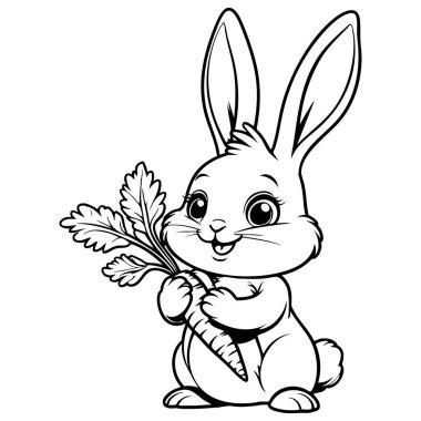 Sevimli tavşancık havuç tutuyor. Çocuk boyama sayfası için mükemmel.