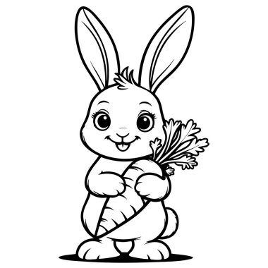 Çocuk boyama sayfası için havuç tutan gülümseyen tavşan.