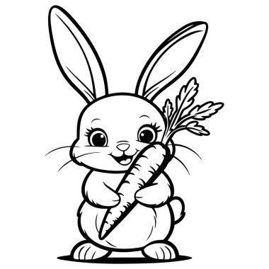 Sevimli tavşancık havuç tutuyor. Çocuklar için mükemmel. Eğlence ve hayvan aktiviteleri sayfaları.