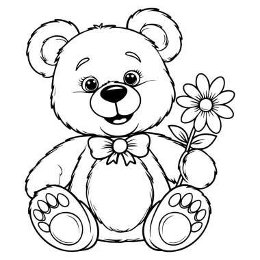 Sevimli oyuncak ayı çiçek tutuyor. Çocuklar için tatlı tasarım. Sayfayı boyuyor.