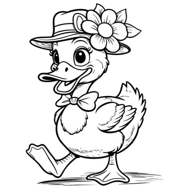 Büyük şapkalı ve papyonlu gülümseyen ördek çocuk boyama sayfası için mükemmel.