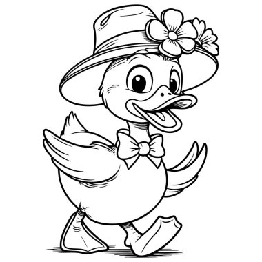 Çiçekli şapka ve papyon takan sevimli ördek. Sayfaları boyayan çocuklar için eğlenceli bir çizgi film.