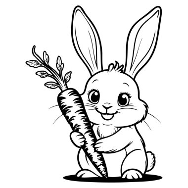 Havuç tutan sevimli tavşan çocuklar için mükemmel sayfa boyama ve öğrenme aktivitesi