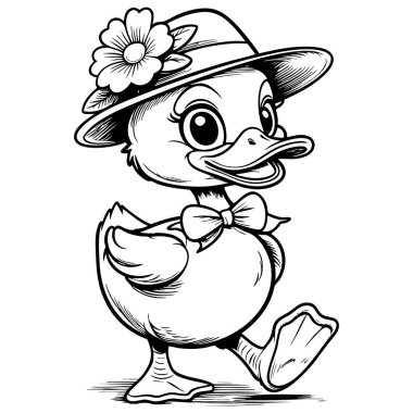 Şapka takıp papyon takan şirin ördek çocukları boyamak için mükemmel yürüyor.