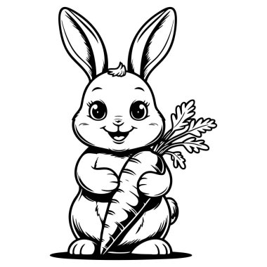 Gülümseyen tavşan havuç tutuyor. Çocuk boyama aktiviteleri için harika bir tasarım.