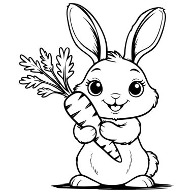Havuç tutan tatlı tavşancık çocukların boyama ve aktivite sayfaları için gülümseyen bir tasarım yapıyor.