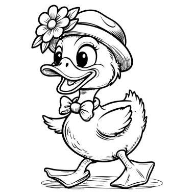 Çocukları boyamak için çiçek ve papyon takan komik ördek.