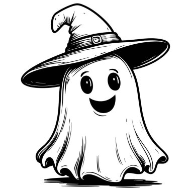 Cadılar bayramı ve ürkütücü eğlence temaları için etrafta uçuşan cadı şapkası takan sevimli bir hayalet.