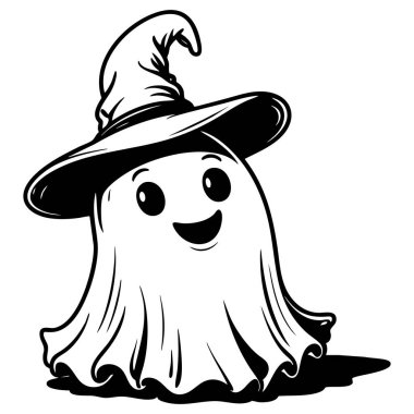 Cadı şapkası takan sevimli bir hayalet cadılar bayramı süsü ve eğlenceli çocuklar için mükemmel.