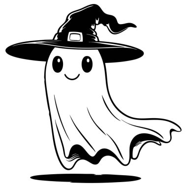 Cadılar Bayramı tema sanatı için tasarlanmış havada uçan cadı şapkalı şirin, mutlu bir hayalet.