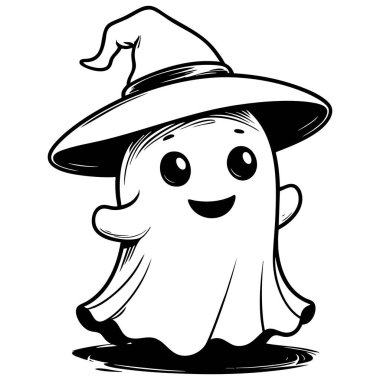 Cadı şapkası takan sevimli hayalet karakter cadılar bayramı süsü ve boyası için mükemmel gülümsüyor.