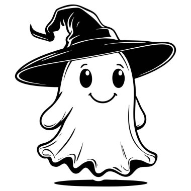 Cadı şapkalı gülümseyen hayalet Cadılar Bayramı renklendirmesi ve süslemesi için mutlu bir şekilde yüzüyor.