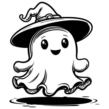 Cadılar bayramı renklendirme sayfaları partisi ve eğlence aktiviteleri için mükemmel bir cadı şapkasıyla yüzen mutlu hayalet.