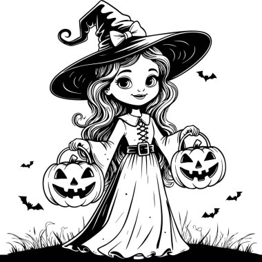 Gece gökyüzünde uçan yarasalarla balkabaklarını tutan sevimli küçük cadı Cadılar Bayramı eğlencesi için mükemmel.