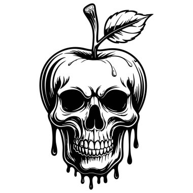 Ürkütücü zehirli elma şeklinde korkunç bir kafatası damlayan koyu sıvı.