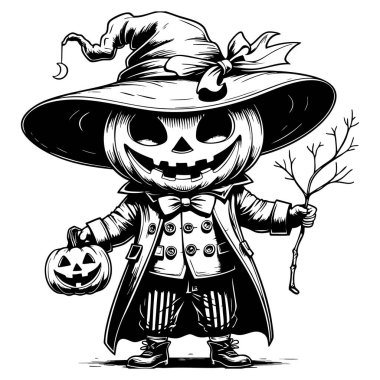 Şapka ve fener takan tüyler ürpertici balkabağı kafalı büyücü Cadılar Bayramı sanatı için harika.