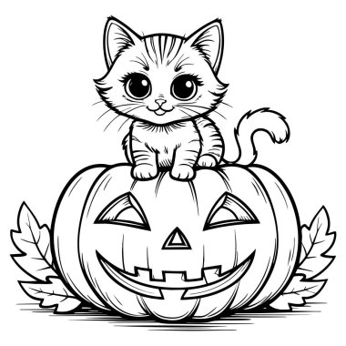 Cadılar bayramı renklendirme eğlencesi için balkabağının üzerinde oturan sevimli kedi yavrusu.