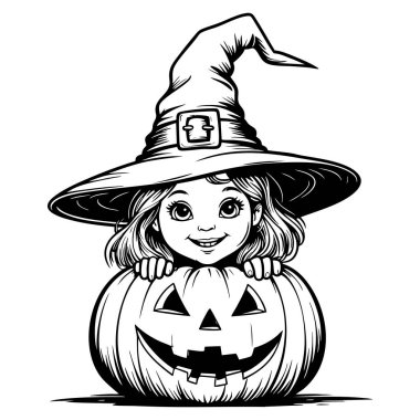 Gülen cadı kız Cadılar Bayramı renklendirme sayfasında balkabağı tutuyor.