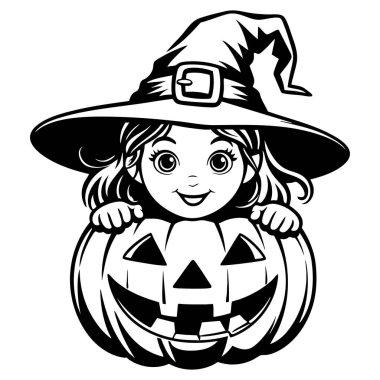 Cadılar Bayramı boyama sayfasında balkabağıyla gülümseyen sevimli küçük cadı.