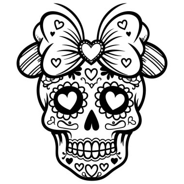 Güzel kafataslı, kalbi olan güzel bir kız ve Ölüm Günü için büyük bir yay.