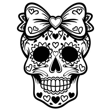 Kalpler ve çiçek desenleriyle süslenmiş güzel şeker kafatası. Ölüm günü için mükemmel bir fiyonk takıyor.