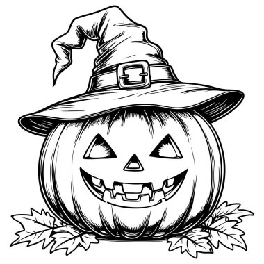 Cadı şapkalı balkabağı. Gülen surat ve cadılar bayramı resmi için sonbahar yaprakları.