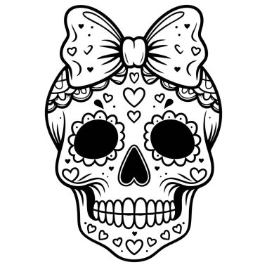 Dekoratif şeker kafatası, kalp desenleri ve büyük fiyonk, ölüm günü veya cadılar bayramı sanatı için mükemmel.