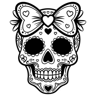 Kalplerle süslenmiş şirin şeker kafatası ve yay tasarımı dia de los muertos ve cadılar bayramı boyama sanatı için mükemmel.