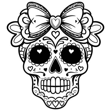 Çiçekli kalp tasarımlarıyla süslenmiş güzel bir kafatası ve mükemmel bir fiyonk.