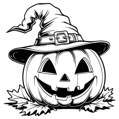 Cadı şapkalı balkabağı oyulmuş Jack o fener kabağı ve Cadılar Bayramı dekorasyonu için mükemmel bir tasarım.