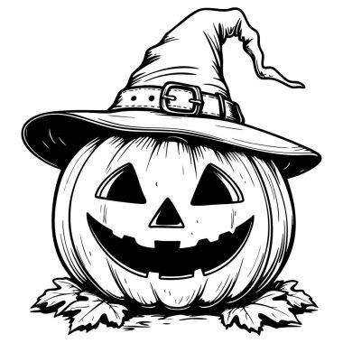 Cadı şapkası ve sonbahar yapraklarıyla gülümseyen bir Cadılar Bayramı kabağı